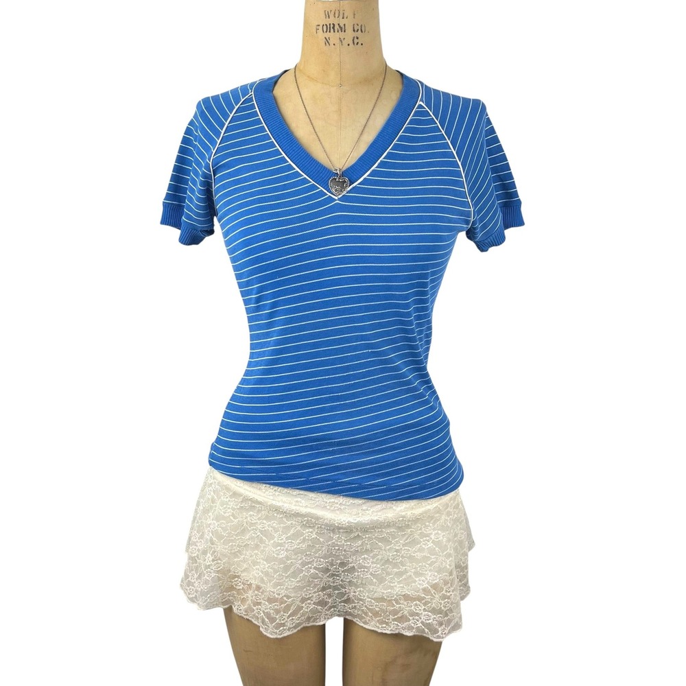 Vtg Preppy V-Neck Top Striped Raglan Sleeve Sz M Academia Sporty Chic Retro